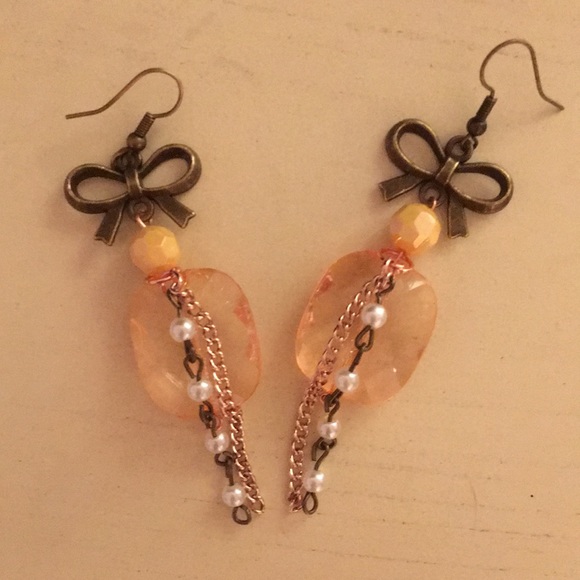 Champagne Peach + Pearl Tassel Bow Boho Statement Earrings - Picture 5 of 6